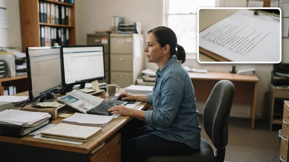 A bookkeeper working through payroll records and an award pay guide